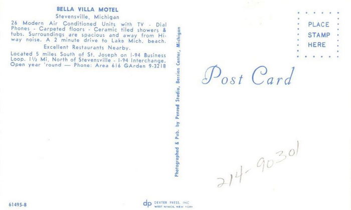 Bella-Villa Motel and Restaurant (Bella Villa Motel, Super 8 by Wyndham, Park Inn) - Vintage Postcard 1